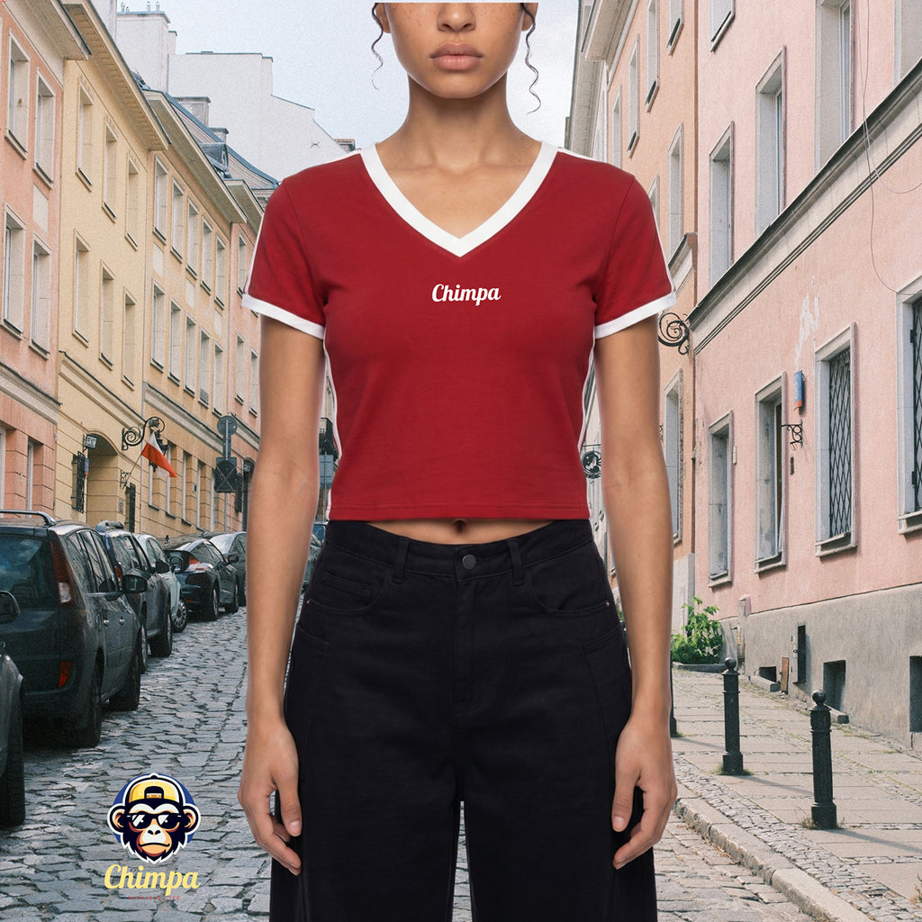 Women's Retro Binding V-Neck Crop T-Shirt