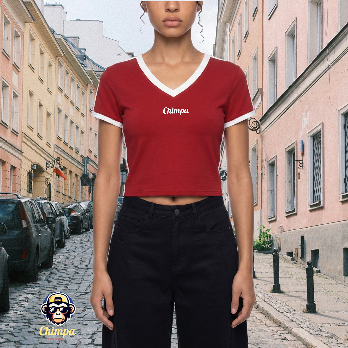 Women's Retro Binding V-Neck Crop T-Shirt