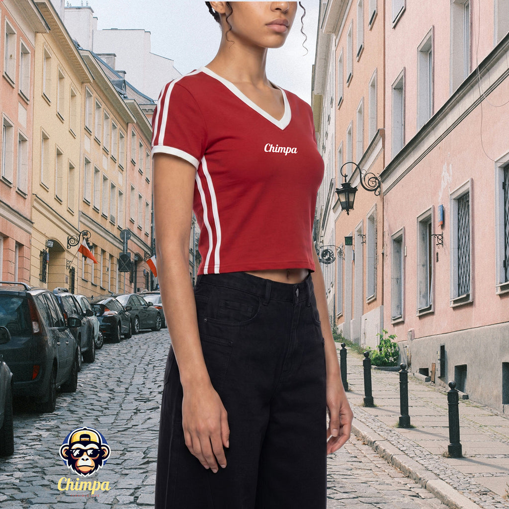 Women's Retro Binding V-Neck Crop T-Shirt