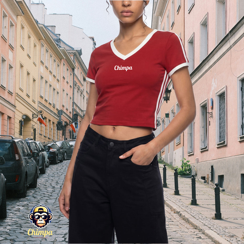 Women's Retro Binding V-Neck Crop T-Shirt